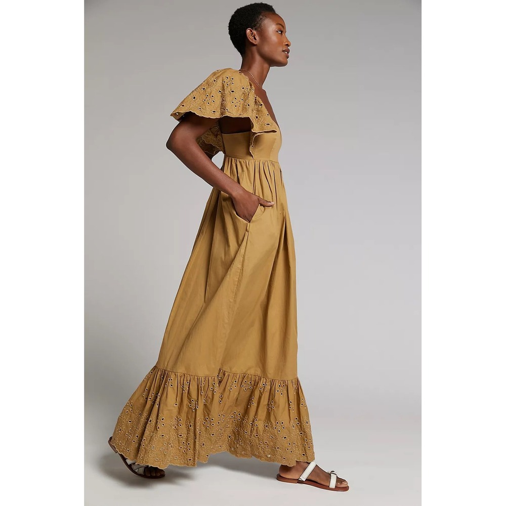 En Saison Maxi Barnette Dress Women XS Olive Eyelet Flutter Sleeve V-Neck Cotton